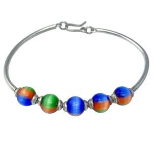 Vintage Sterling Silver 925 Multicolor Glass Tiger's Eye Bead Hook Bracelet 6.5"